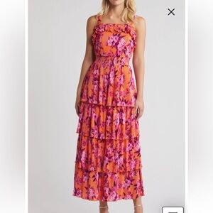 Chelsea28 Plissé Tiered Maxi Dress New Pink Orange Floral Cocktail Formal Small